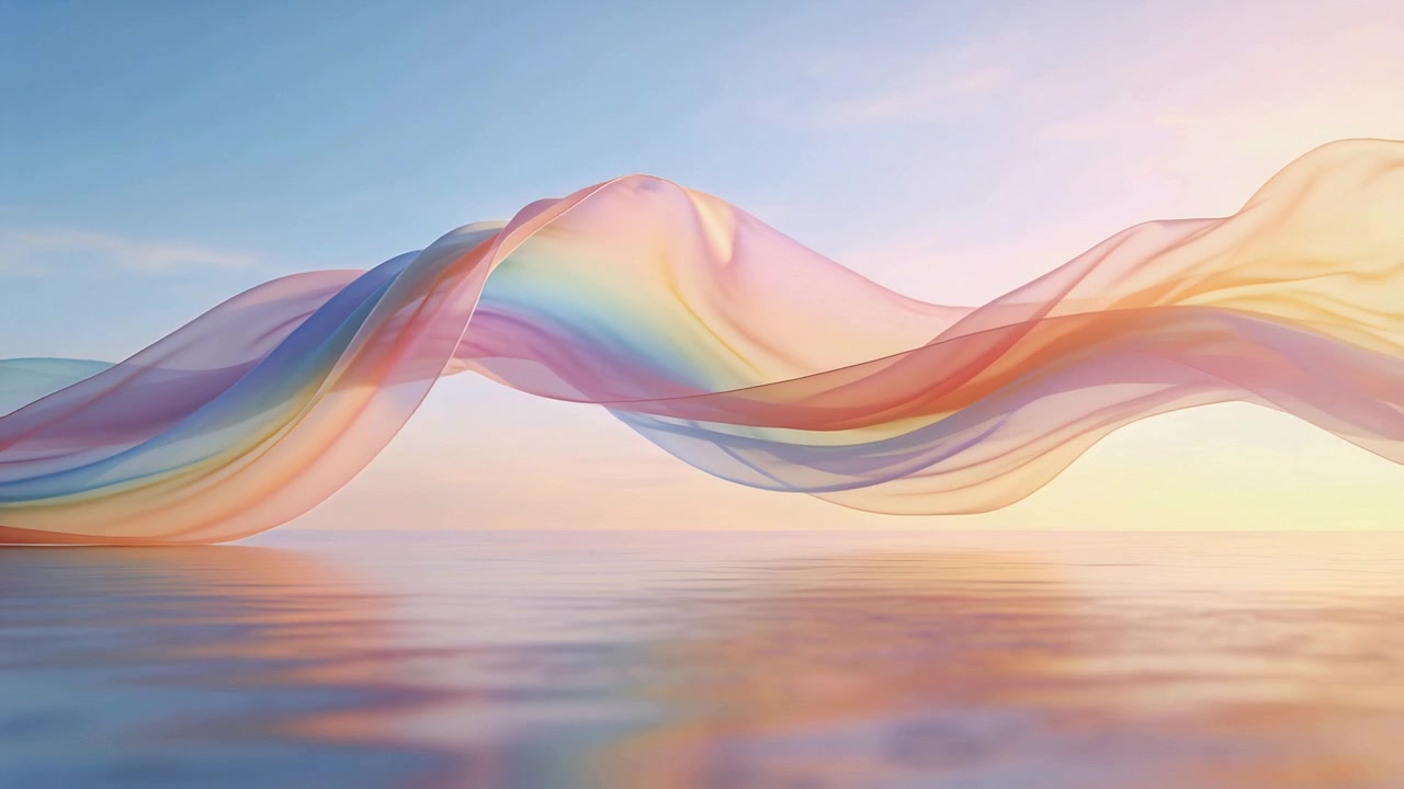 Nastro traslucido ondeggiante illuminato dall'alba, che fluttua sopra acqua calma e proietta riflessi.
