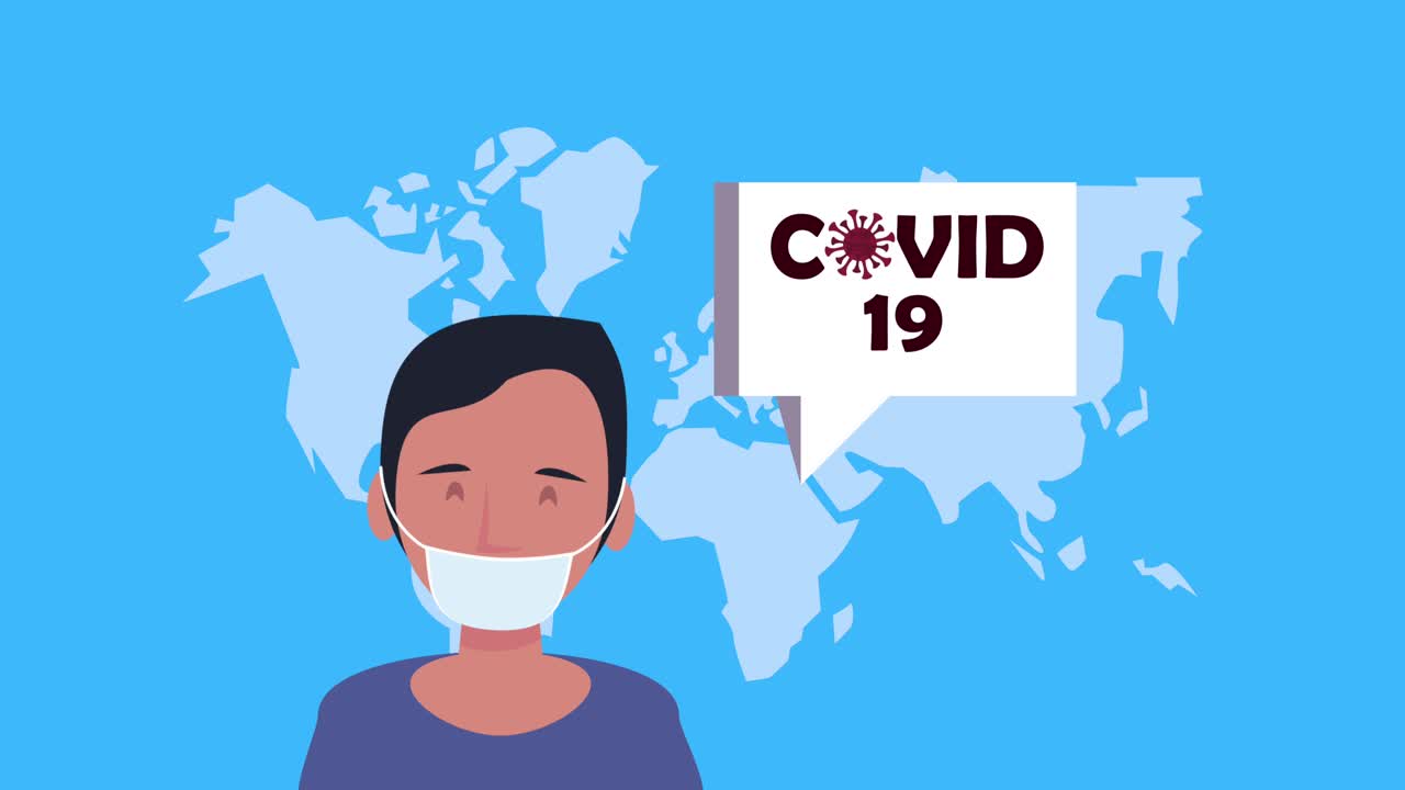 코로나19 마스크를 착용한 남자가 지구 행성에서 말을 하고 있습니다.