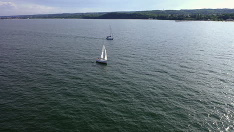 aerial shot of drone flying above the ship sailing on the baltic sea near gdynia