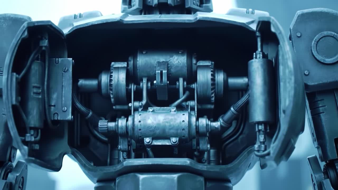 A large robot with metal exterior stands still in a modern urban setting as clouds drift overhead. The scene captures the blending of advanced technology and an evolving landscape.