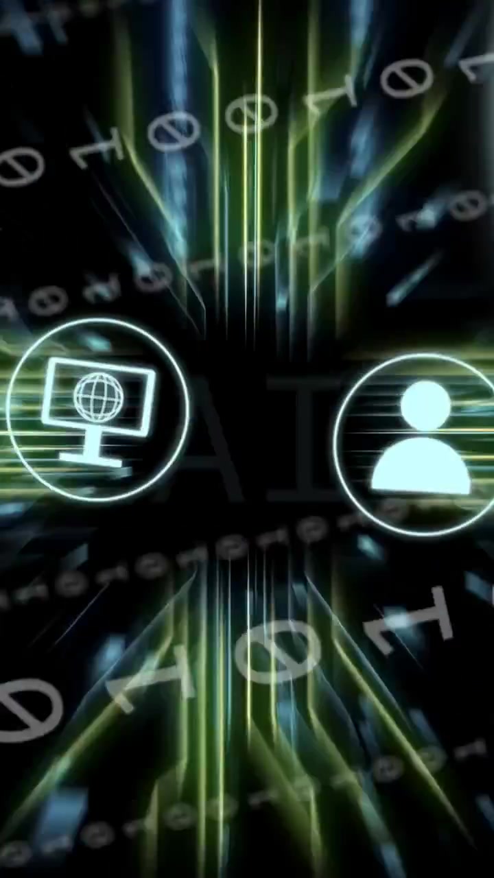 Vertical video: Falling binary initiating motion, AI pulsing, icons sliding, code showing data flow