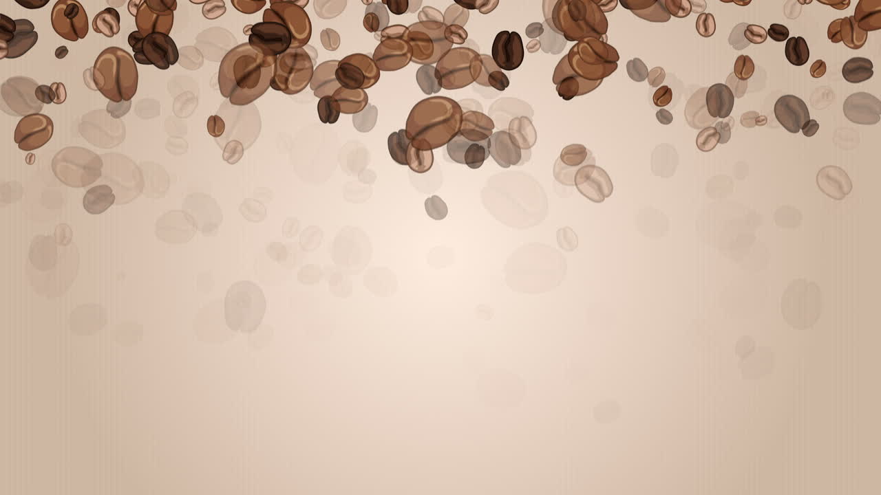 Chicchi di caffè tostati disegnati graficamente che cadono su sfondo beige. Animazione in loop
