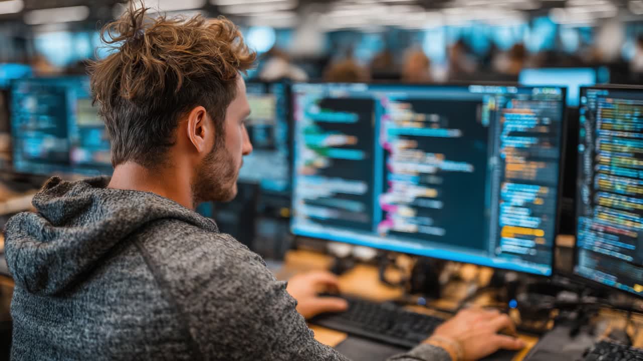 A Dedicated Programmer Engaged in Coding at a Modern Office Workspace Surrounded by Multiple Monitors Displaying Lines of Code and Programming Syntax