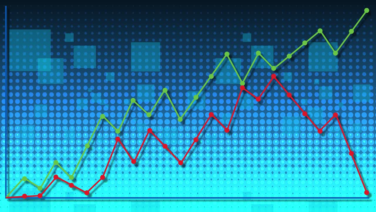 Dynamic line graphs animate upward on digital blue grid background, illustrating global economic data trends