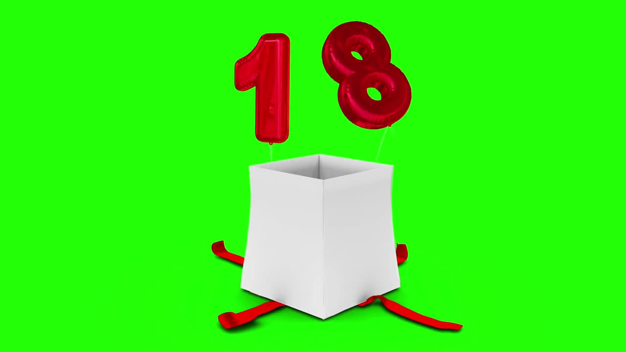 regalo de cumpleaños explotando con el globo dieciocho contra la pantalla verde