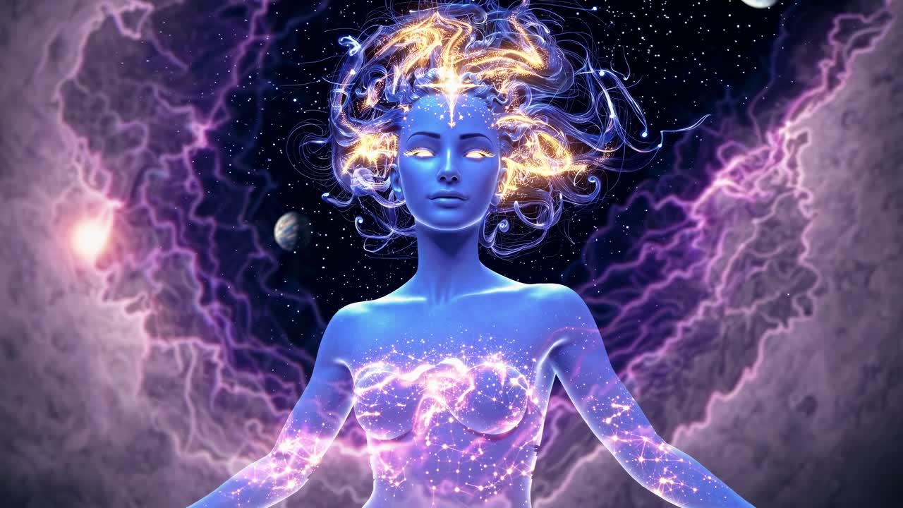 Goddess with glowing hair and body performing a cosmic dance in the universe, with stars, planets, and nebulae in the background, creating a mystical atmosphere