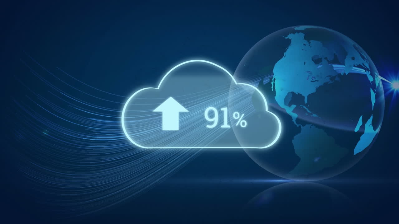 animación de la nube digital y números crecientes y procesamiento de datos en todo el mundo