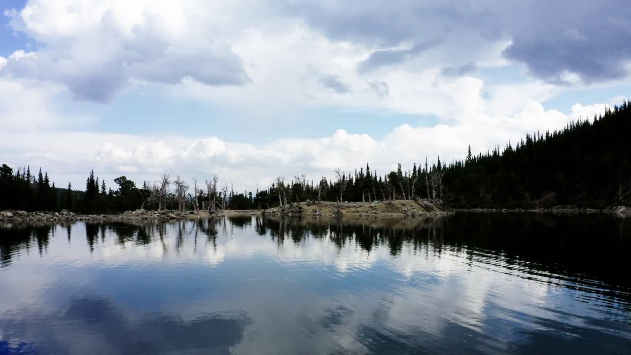 Drone shot over the shores of Saint Mary's Lake in Colorado
