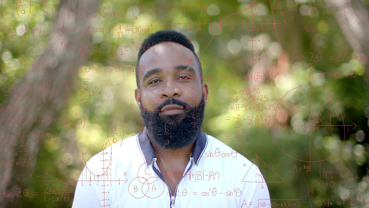 Mid-adult man shifting smile, frames progressing, graphs and equations appearing, showing education