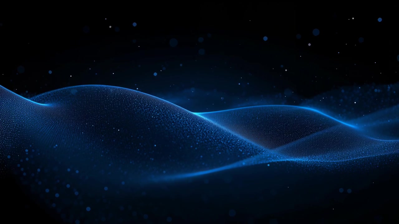 Coming from left, undulating blue particle mesh shifting right in CGI void, evoking breathing