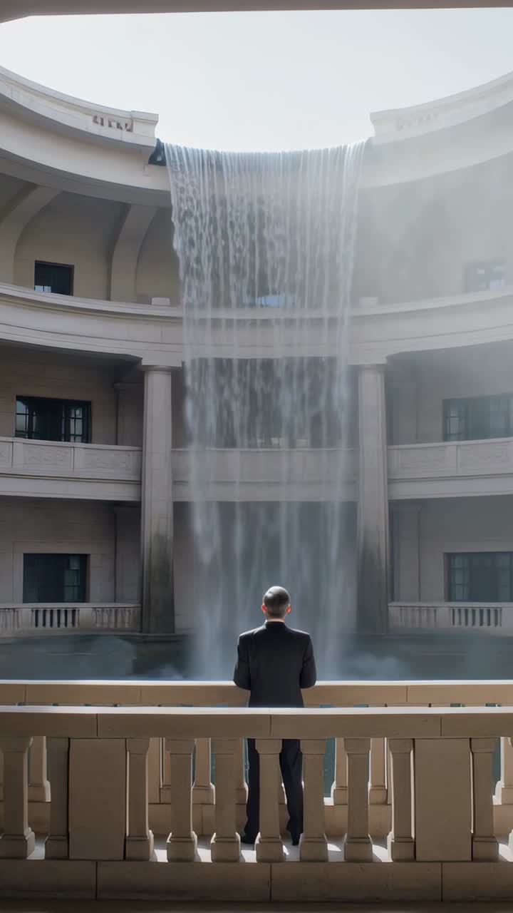Video vertical: Hombre de pie con traje oscuro observando una cascada que cae en una piscina junto a una barandilla, con neblina de luz solar.