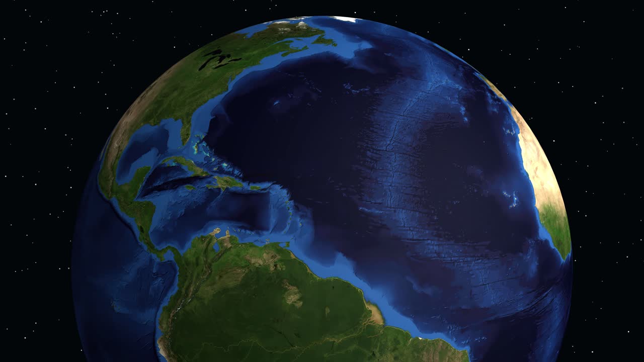 Animazione digitale che zooma da una Terra rotante a un marcatore di posizione specifico a Cuba.
