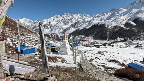 stupa and flags in the snow