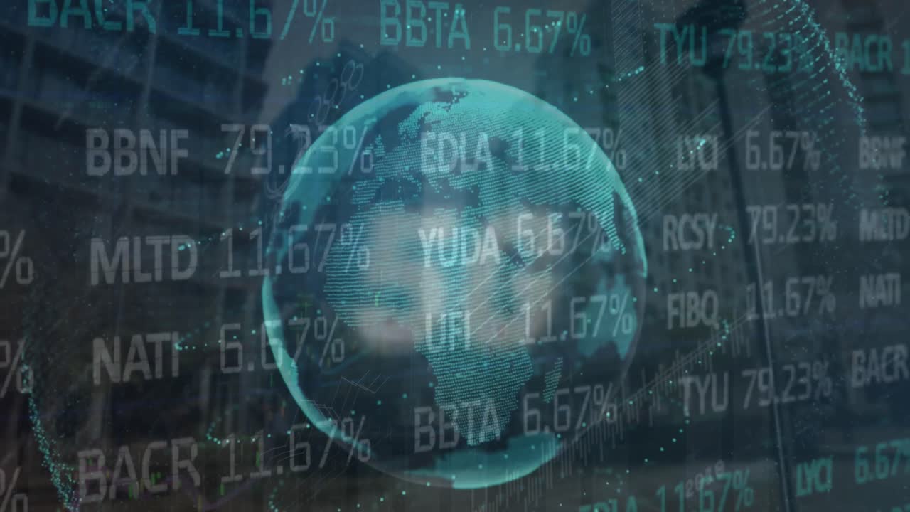 animación del procesamiento de datos financieros con el globo sobre el paisaje urbano