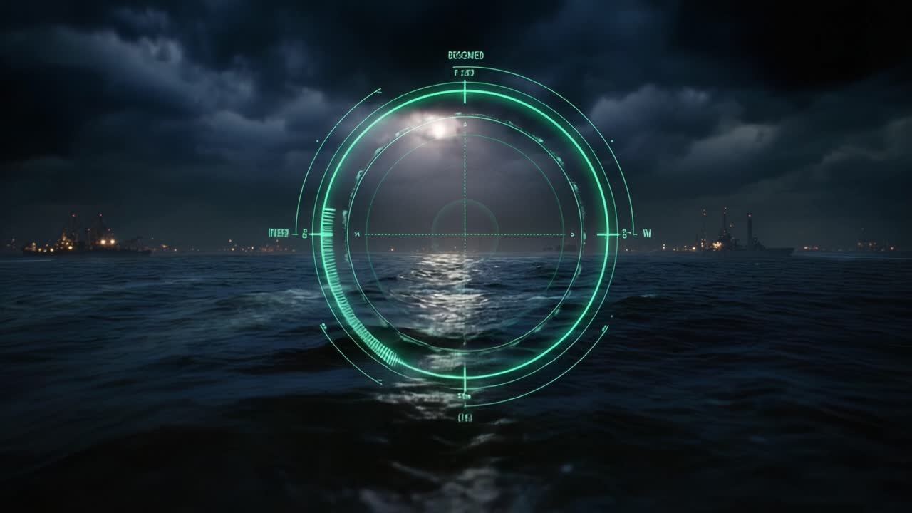 Mare notturno con mirino di puntamento verde. Cielo tempestoso, luci distanti della città. Interfaccia tecnologica si sovrappone alla superficie dell'acqua. Perfetto per immagini di gaming, militari o di sorveglianza