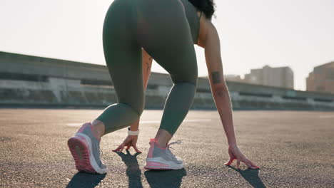 woman, legs and start on road for running