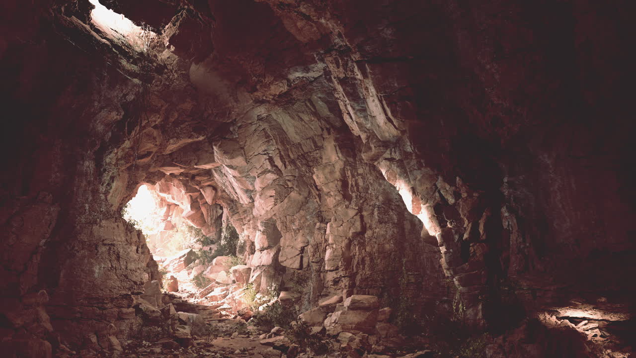 una vista dentro de una cueva con la luz del sol brillando a través de la entrada