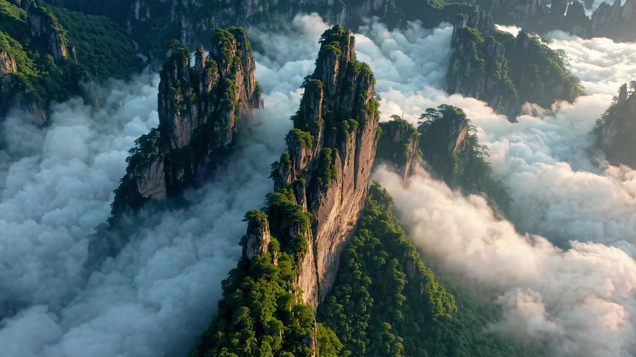 Aerial view of towering, jagged mountains rising through clouds, creating a mystical landscape