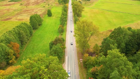 Vista-Aérea-Sobre-La-Carretera-En-El-Bosque-En-Otoño-Con-Coches