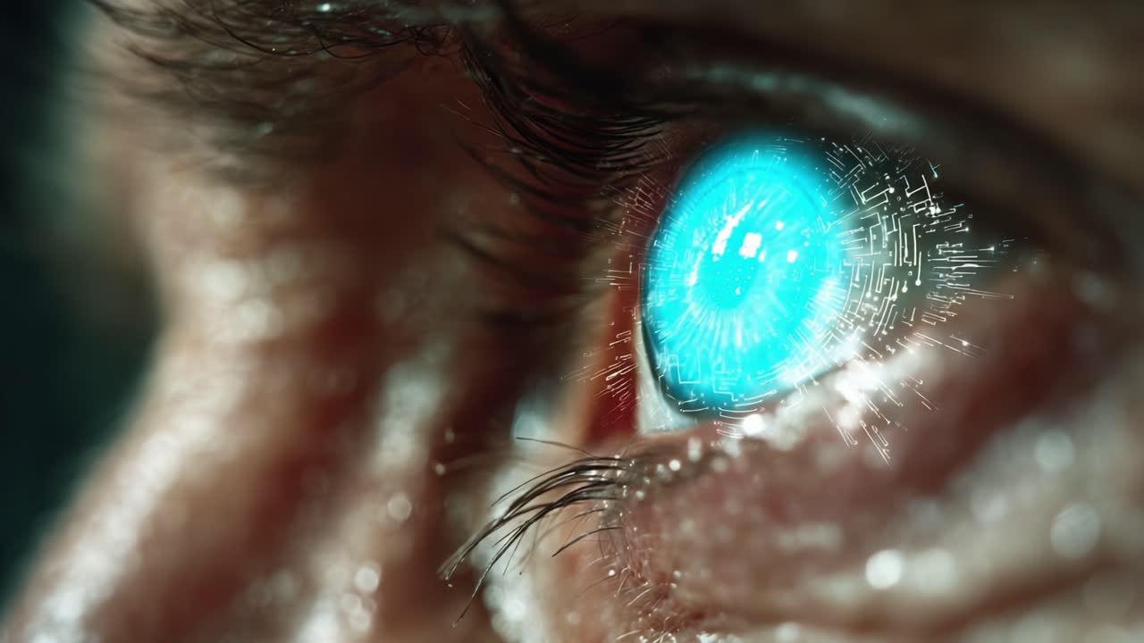 Un intricato primo piano di un occhio con motivi di circuiti futuristici che evidenzia l'unicità della visione e della tecnologia intrecciate