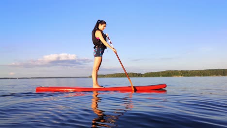 there is young girl paddle boarding in the big lake