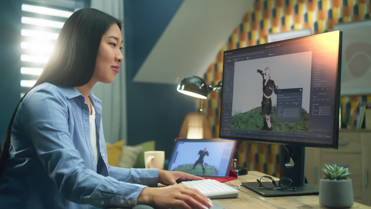 Woman working on 3D character design at home.