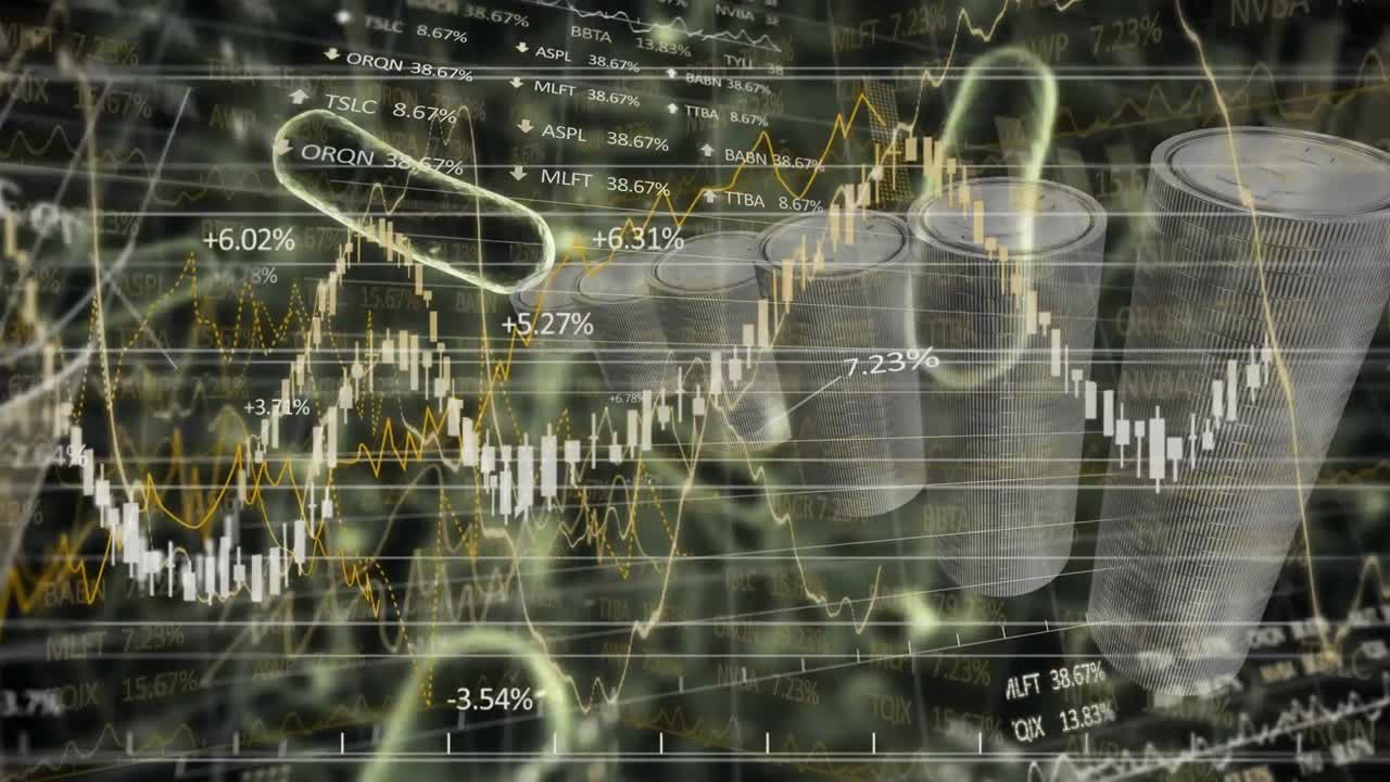 비트코인과 코로나 19 세포에 대한 금융 데이터 처리 애니메이션