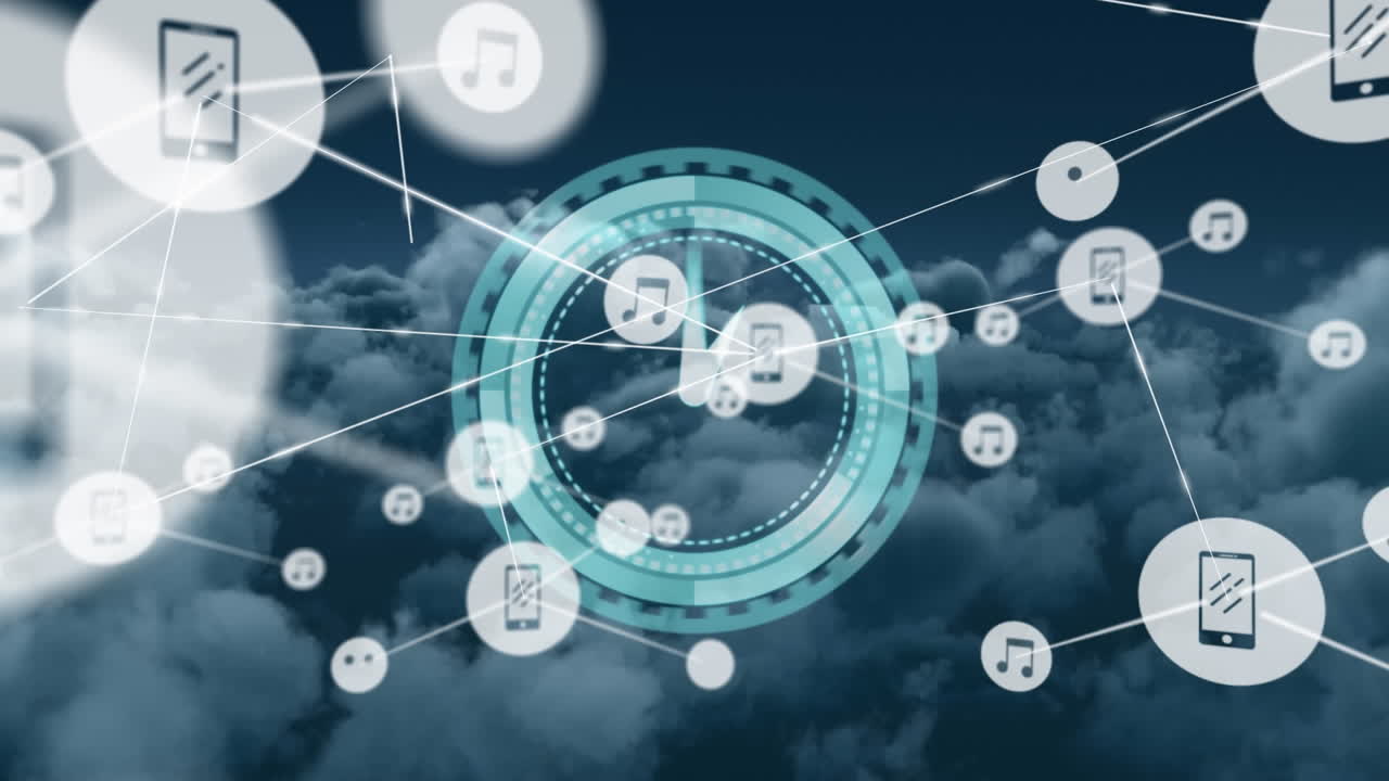 Animation of network of connections with digital icons over scope scanning