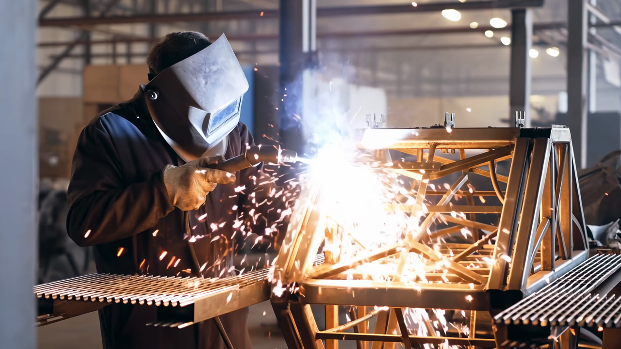 Welder Fabricating Steel Truss In Factory, Masked Worker Uses Arc Torch To Join Heavy Steel Frame, Bright