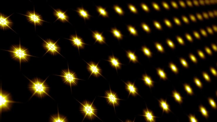 Abstract yellow star light mosaic pattern LED panel motion graphics. 4K 3D rendering Beautiful bright ornament Light background with dept of field. Loop animation stage visual background for music.