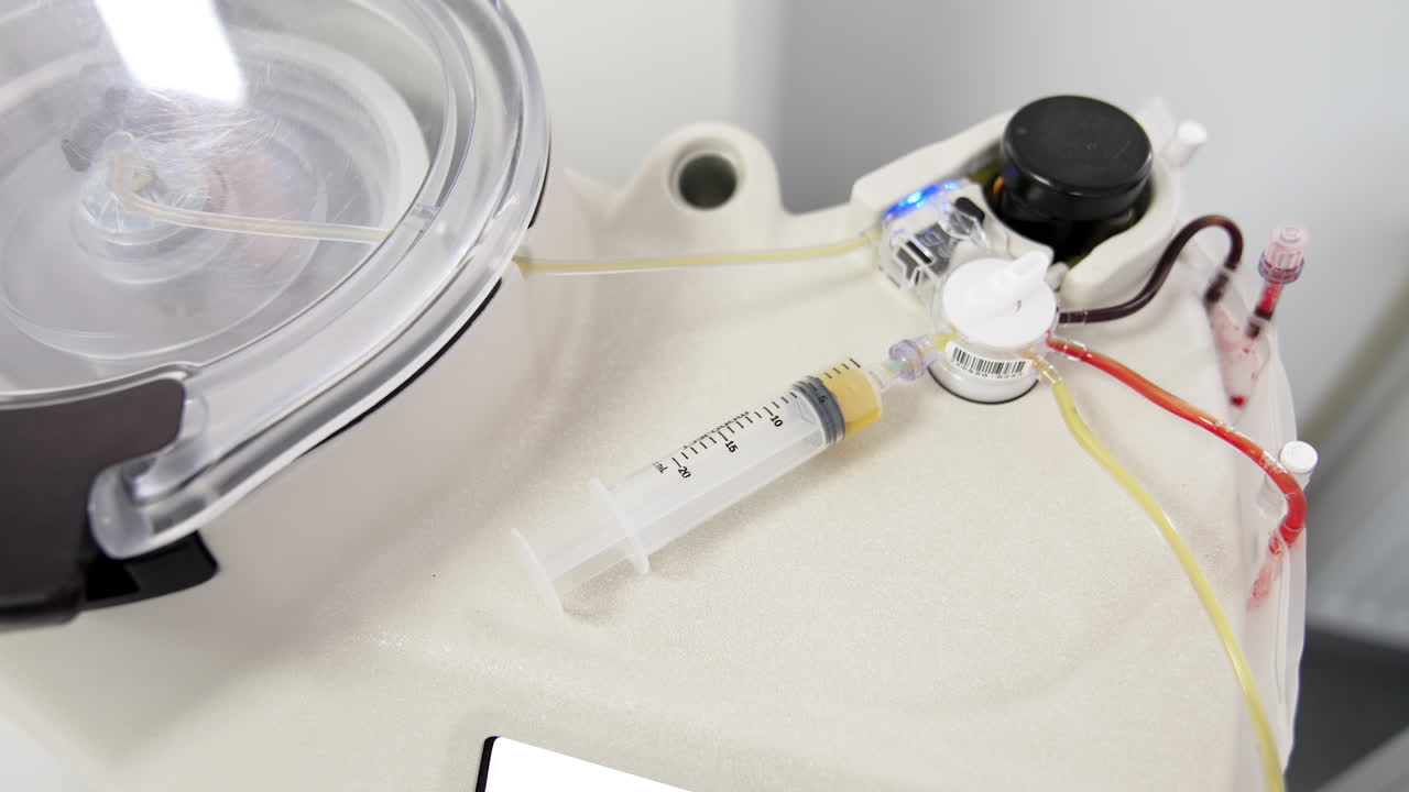 Machine separating plasma from blood. Close up. Modern equipment preparing PRP concentrate.