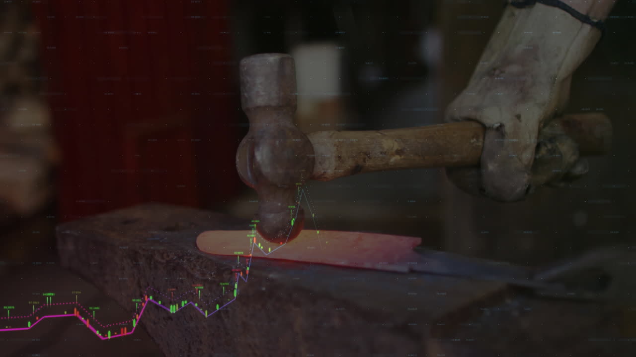 male blacksmith forging metal in workshop, overlaying stock market candlestick charts, line graphs