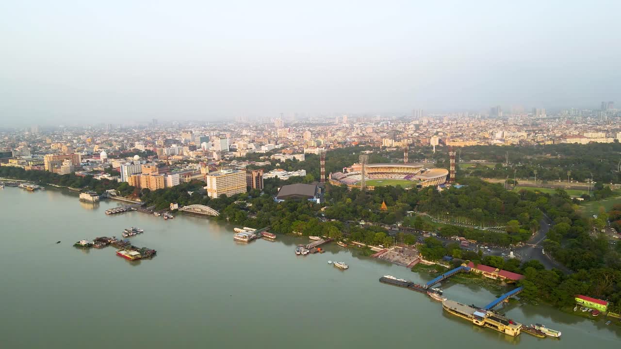 Aerial drone shot of Eden Gardens during a match, with vibrant lights and a roaring crowd in Kolkata.