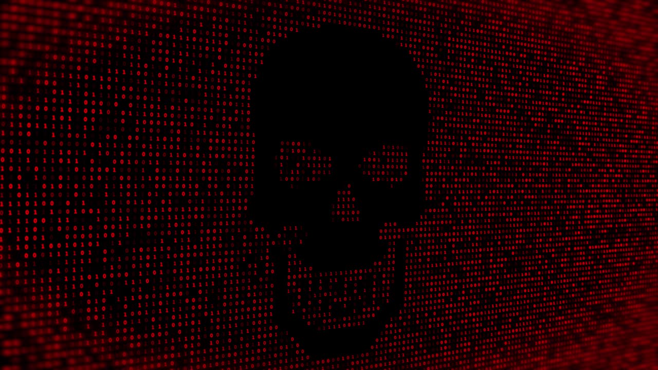 Hacking attack message pirate skull. 4K Computer virus attack, cyber security, malware Animation.