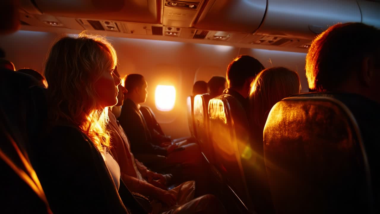 Passengers Enjoying a Scenic Sunset During Their Flight as Sunlight Streams Through the Airplane Window, Creating a Warm and Inviting Ambience Within the Cabin