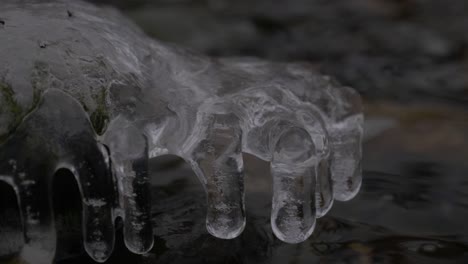 interesting ice formations at the edge of the river with water lapping around the rocks