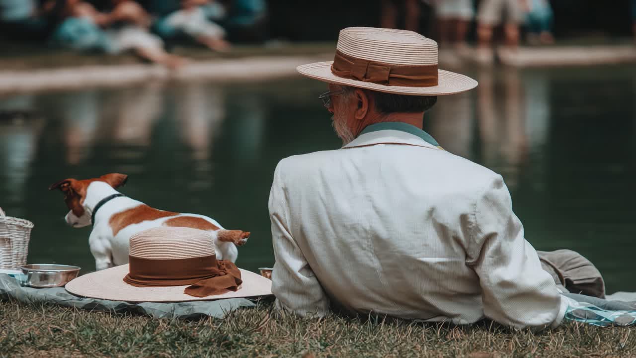 A Peaceful Afternoon by the Water: A Man and His Dog Enjoying Nature in Style, Surrounded by Greenery and the Relaxing Ambiance of a Sunny Park Setting