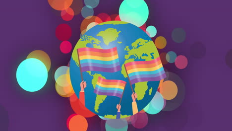 animación de banderas del arco iris en todo el mundo sobre un fondo púrpura