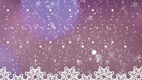 digital animation of snow falling against snowflakes icons and spot of light on purple background