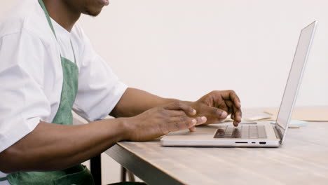 close up view of american clerk in apron sitting in front of laptop and typing on keyboard