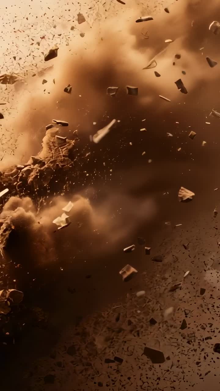 Vertical video: Billowing dust cloud expanding after initial burst in close-up, sending shards