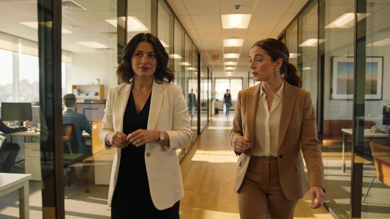 Smiling sparking talk, two women walking, talking through glass corridor in white blazer, tan suit