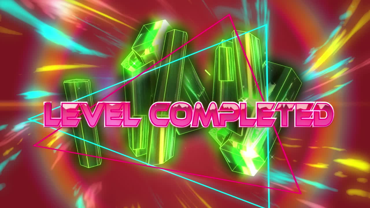 디지털 파동과 빨간색 배경에 황금 크리스탈에 대한 네온 삼각형 위에서 완성 된 수준