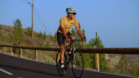 in slow motion, the biking athlete maneuvers along a mountain serpentine, observing a scenic island view, embodying the essence of a healthy lifestyle