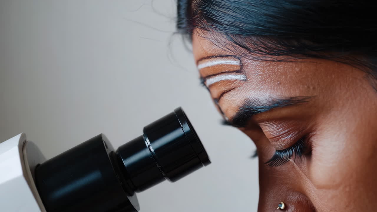 Close-up of a scientist observing through a microscope