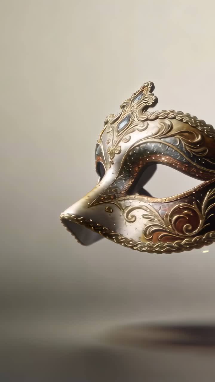 Video verticale: Maschera ornata che appare e si sposta a sinistra su una parete beige, mostrando una filigrana d'oro per un primo piano.