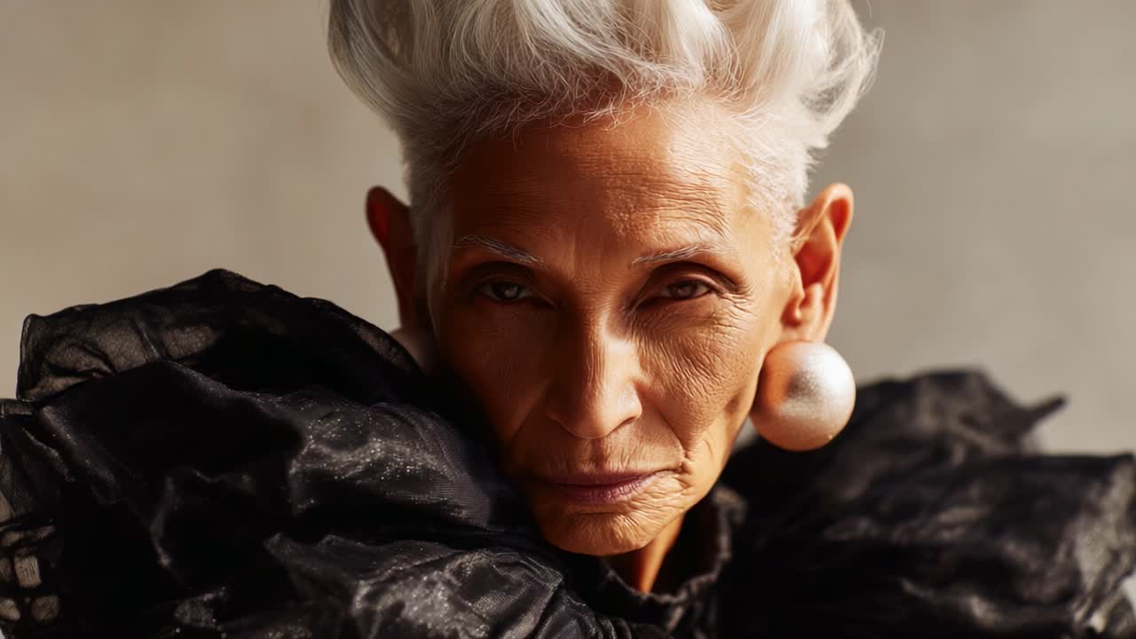 A striking portrait of a unique individual with distinctive white hair, bold fashion choices, and captivating expressions captured in an artistic studio setting