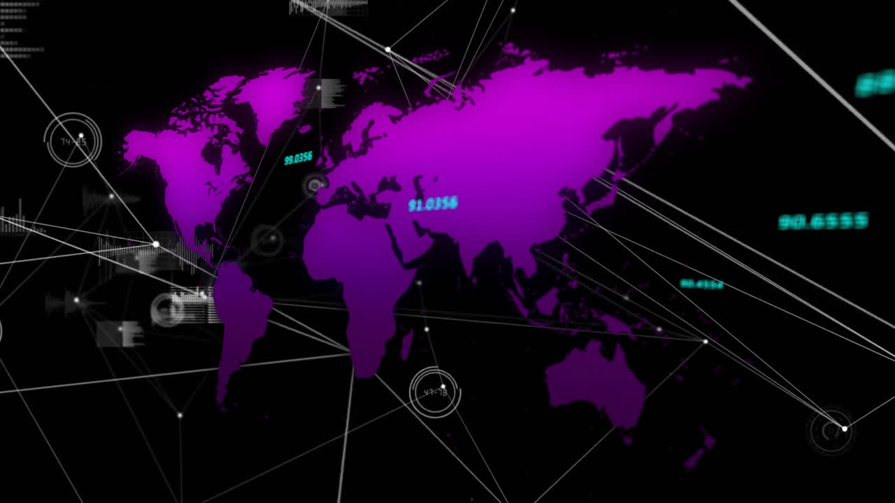 글로벌 네트워크 연결 및 데이터 포인트 세계 지도에 대한 애니메이션