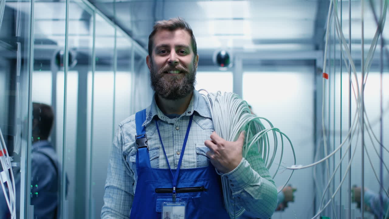 IT Technician Smiling in a Data Center Holding Cables