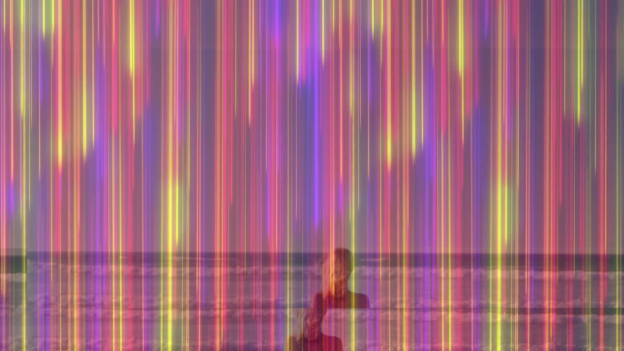 mid-adult woman standing waist-deep in ocean at horizon, featuring neon glitch lines for technology